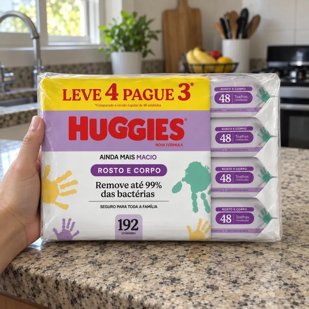 Mão segurando o kit Huggies Rosto e Corpo de 192 lenços sobre a pia da cozinha